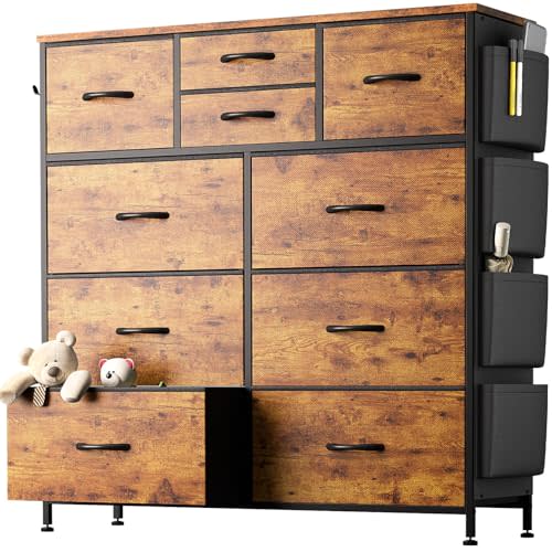 YaFiti 10 Drawer Dresser, Chest of Drawers for Bedroom, Fabric Dresser Drawers with Side Pockets, Hooks, Wooden Top and Sturdy Metal Frame for Living Room, Closet, Hallway (Brown)