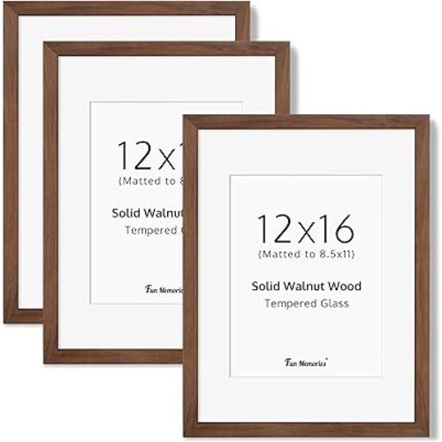 12x16 Picture Frames Set of 3, Solid Walnut Wood Frame 12 by 16, 12x16 Picture Frame with Mat for 8.5x11, Minimalist 12"x16" Photo Frames for Wall, Tempered Real Glass