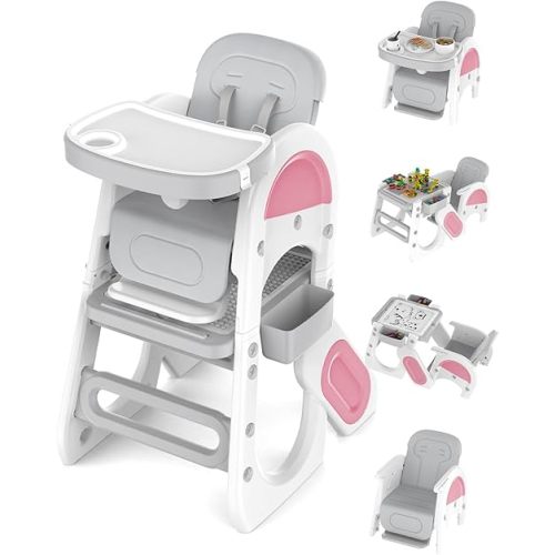 Baby High Chair,High Chairs for Babies and Toddlers| Studying Table| Table and Chair Set | Building Block Table | Toddler Chair with Safety Harness,Adjustable Seat Back&Footrest(Pink)