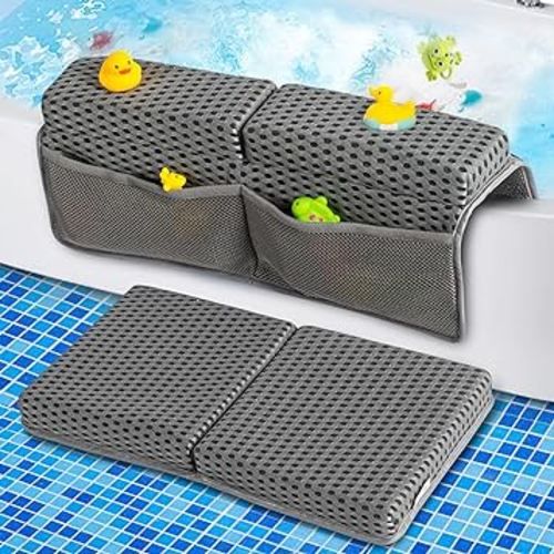 Baby Bath Kneeler and Elbow Rest Pad Set, 1.5'' Thick Quickly Dry bathtub Kneeler Pad with Baby Toys & Bath Accessories Organizer, Bath Kneeling Pad and Elbow Pad for Baby Tub, Non-Slip Bath Mat(Grey)