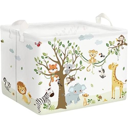 Clastyle 36L Woodland Vine Animal Tree Nursery Decor Baby Basket Collapsible Rectangle Giraffe Monkey Tiger Clothes Toy Book Shelf Basket