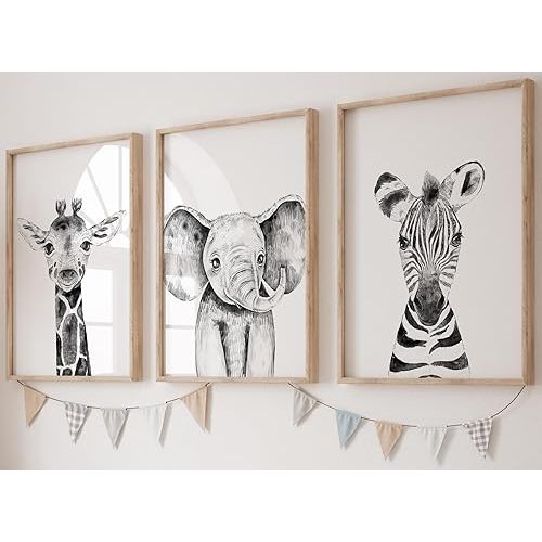 Safari Animals Baby Girl or Boy Set of 3 Nursery Unframed Prints, Bedroom Decor Wall Art Posters, Elephant Giraffe Zebra, Black and White Style Prints (12x16)
