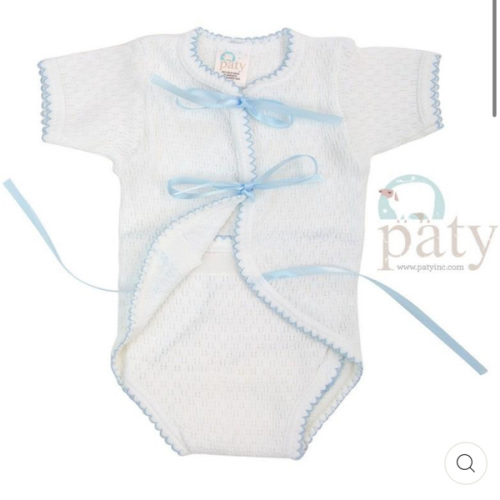 Paty Newborn Creeper with Ribbon Ties - White with Blue Trim