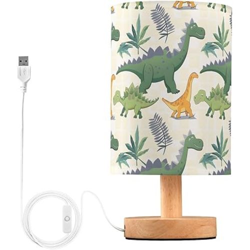 Dinosaur Green Dino A Lamp for Girls Boys Bedroom Bedside Table Lamp with USB Port LED Kids Nightstand Lamp Wood Base Desk Living Room Decor
