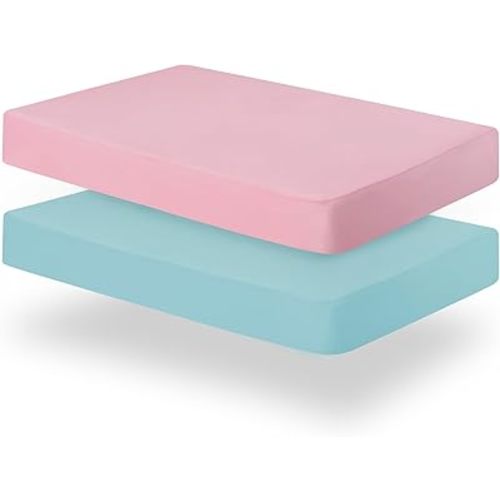 Biloban Pack and Play Sheets Fitted, 2 Pack Pack and Play Sheet Fits for Graco Pack n Play Mattress, Neutral Playard Sheets for Baby Boys and Girl, Pink & Aqua, 38”X 26”