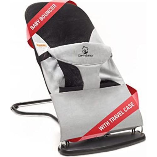 ComfyBumpy Ergonomic Baby Bouncer Seat - Bonus Travel Carry Case - Safe, Portable Bouncing Chair with Adjustable Height Positions - Infant Sleeper Bouncy Seat Perfect for Newborn Babies (Grey)