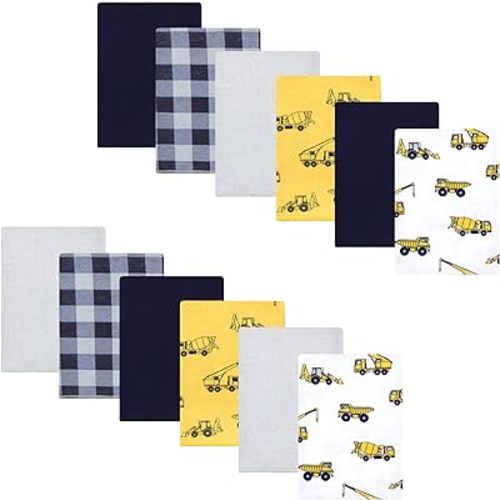 Hudson Baby Unisex Baby Cotton Flannel Burp Cloths Bundle, Construction, One Size