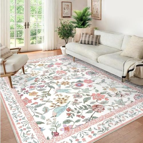 Floral Washable 8x10 Area Rugs for Living Room, Soft Pink Large Girls Bedroom Rug Non-Slip Low Pile Flower Birds Dining Room Rug, Botanical Floor Carpet for Kids Room Classroom Office