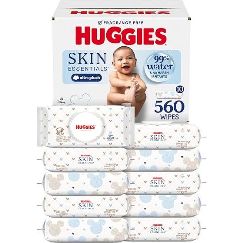 Huggies Skin Essentials Baby Wipes, Hypoallergenic, 99% Water, 10 Flip Top Packs (560 Wipes Total)