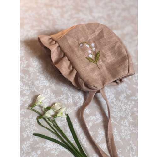 Linen Baby Bonnet, Linen Embroidery Baby Bonnet, Hand Embroidered Linen Bonnet, Brimmed Bonnet, Linen Baby Sunbonnet,Embroidered Baby Bonnet