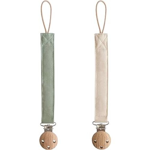 mushie Linen Baby Pacifier Clip Holder | Soft Fabric Strap, 2-Pack (Olive/Shifting Sand)