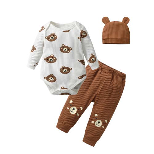 Infant Baby Boy Clothes Bear Style Long Sleeve Romper + Pants + Hat 3PCS Outfits Set Brown