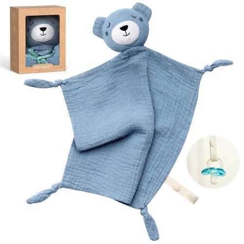Momcozy Bear Loveys for Babies with Cotton - Soft Security Blanket for Boy or Girl for Self-Soothing On-The-Go-Portable & Anti-Drop Design - Newborn Gift,Must Have(Blue 14 inch)
