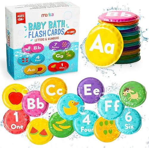 merka Bath Books for Toddlers, Bath Letters and Numbers for Toddlers, Set of 36 Floating Flashcards, ABCs, and Numbers, Learning Activities for Babies and Preschool Kids, Alphabet Learning Toys