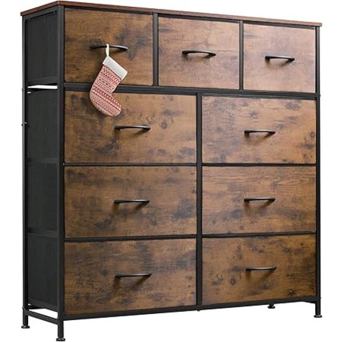WLIVE 9-Drawer Dresser, Fabric Storage Tower for Bedroom, Hallway, Entryway, Closet, Tall Chest Organizer Unit with Fabric Bins, Steel Frame, Wood Top, Easy Pull Handle, Rustic Brown Wood Grain Print