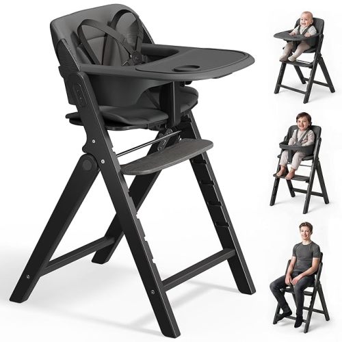 Mamazing GrowPod Pro Wooden Baby High Chair for 6 Months to 220lbs | Easy to Clean with Dual Tray, Compact Foldable Highchair for Kitchen & Dining Room, 5-Point Safety Harnesses and Guard Bar