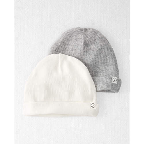 Little Planet - Baby 2-Pack Organic Cotton Rib Caps - Grey, Sweet Cream, 0-3M