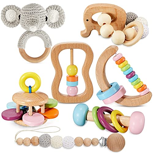 Zhanmai 7 Pieces Montessori Toys for Babies Wooden Rattle Beech Wood Teether Crochet Pacifier Clip Holder Wooden Infant Teething Ring Baby Rattle for 0-6 Months
