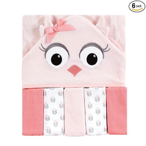 Hudson Baby Unisex Baby Hooded Towel and Five Washcloths, Pink Owl, One Size