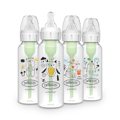 Dr. Brown's Natural Flow Anti-Colic Options+ Narrow Baby Bottle, 8 oz/250 mL, with Level 1 Slow Flow Nipple, BPA Free, 0m+, Bear, Owl, Pig, Frog, 4-Pack