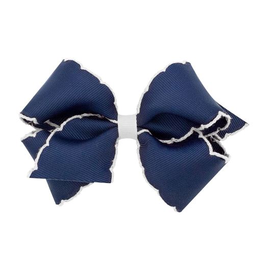 Wee Ones Girls' Classic Grosgrain Moonstitch Edge Hair Bow on a WeeStay Hair Clip, Contrasting Edge, Small, Navy with White