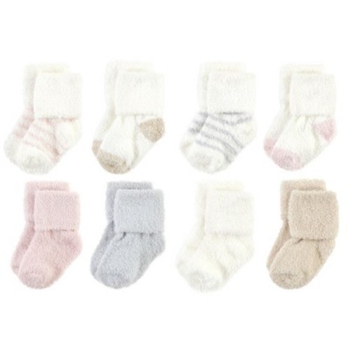 Hudson Baby Infant Girl Cozy Chenille Newborn and Terry Socks, Pink Neutral Stripe, 0-6 Months