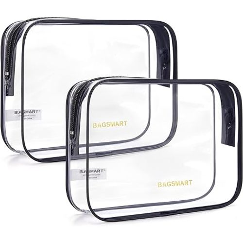 BAGSMART Clear Toiletry Bag, 2 Packs TSA Approved Water resistant Quart Size Travel Organizer, Airport Airline Travel Accessories Carry On Makeup Cosmetic Bags for Women, Black