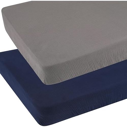 Muslin Pack and Play Sheets Fitted Compatible with Graco Pack n Play Playard Crib and Other 27 x 39 Inch 24 x 38 Playpen/Mini Crib Mattress Soft 100% Cotton Grey & Navy