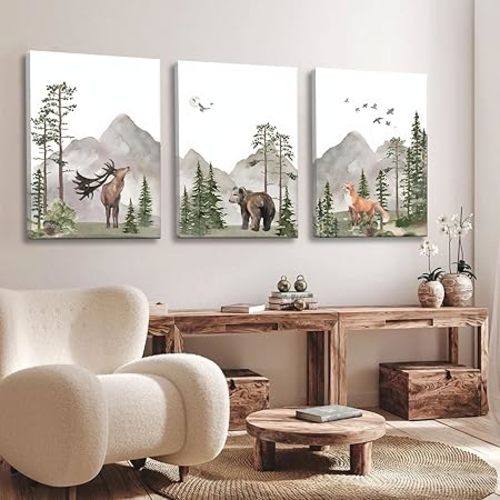 YBARTZQ Woodland Nursery Wall Art Wild Animals Forest Wall Decor Prints Adventure Theme Canvas Posters Deer Bear Fox Watercolor Pictures Paintings for Boys Room Girls Room 3Pcs 12x16in Framed - Canvas Framed