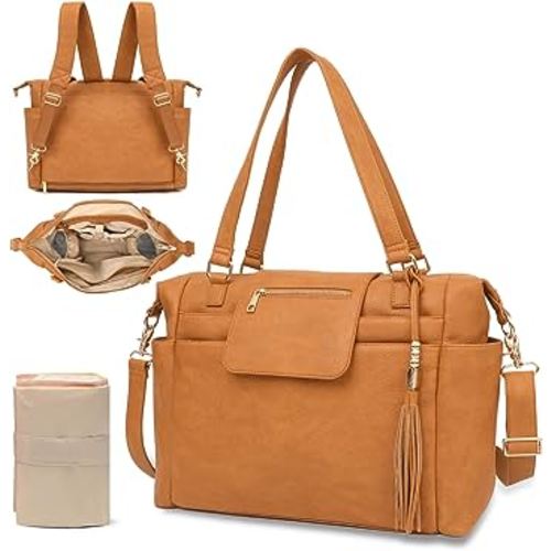 Omanmoli Diaper Bag Tote Leather Diaper Bag Backpack Large Baby Diaper Bag 14 Diaper Bag Organizing Pouches,Changing Pad,Crossbody Straps,4 Insulated Pockets,Honey