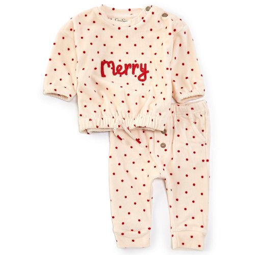 Jessica Simpson Baby Girls Newborn-3/6 Months Long Sleeve Merry Dotted Velour Knit Sweatshirt & Matching Jogger Pant Christmas Set