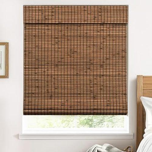 UNISHADES 100% Blackout Cordless Bamboo Roman Shades 37×64 in Penang Teak