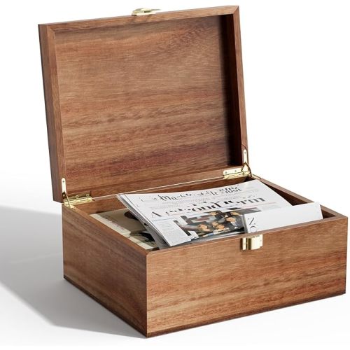 Wooden Keepsake Box, Acacia Memory Box with a Hinged Lid, Wooden Storage box, for Picture Letter Time Capsule - Wooden Gift Boxes (Large)