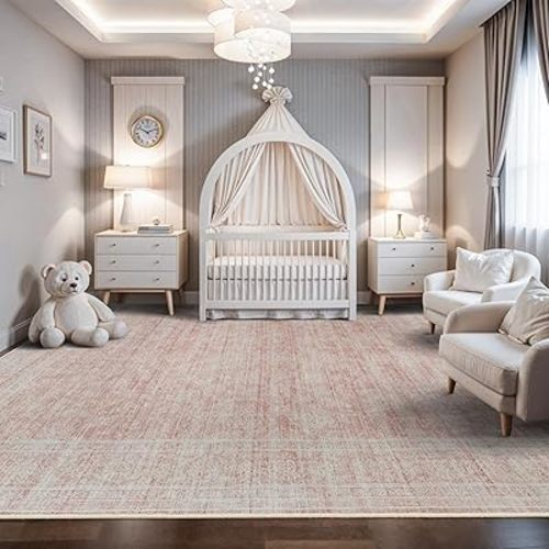 Washable Oriental Area Rug - 10x14 Rugs for Living Room Soft Carpet for Bedroom Waterproof Floral Distressed Indoor Stain Resistant Non-Shedding Floor Carpets (Pink, 10X14)
