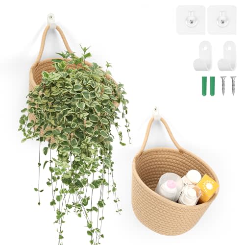 Boho Woven Wall Hanging Baskets - 2 Pack Fabric Storage Organizers with Adhesive Hooks, Rustic Jute Basket Set for Plants & Vegetables, Perfect for Living Room, Porch & Entryway Decor