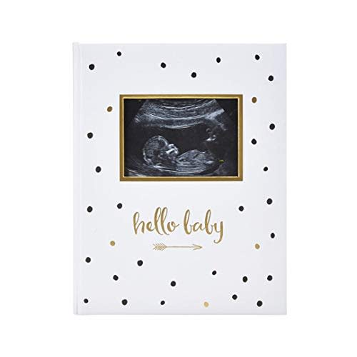 Pearhead Hello Baby First 5 Years Memory Book, Gender-Neutral Baby Keepsake for New and Expecting Parents, Pregnancy And Milestone Journal, Modern Minimalist Black and Gold Polka Dot