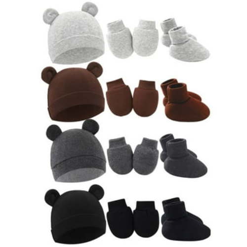 4 Pack Newborn Baby Hats Mittens Set for Boys Girls Hospital Hat Beanie Infant Caps Baby Gloves Socks for 0-6 Months