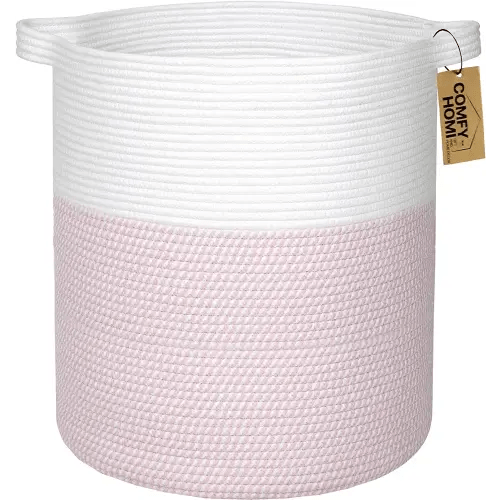 COMFY-HOMI XXL Large Laundry Basket with Handles Blanket Baskets Living Room|Woven Cotton Rope Decorative Basket Laundry Hamper Baby Basket Nursery Dog Toy Storage Organizer Bin-16”x18”-White/Pink