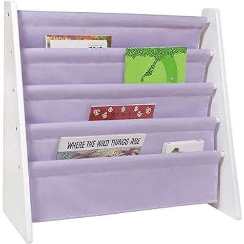 Wildkin Kids Canvas Sling Bookshelf for Boys and Girls, Wooden Design Features Four Fabric Shelves, Keep Bedrooms, Playrooms, and Classrooms Organized, an Ideal Kids Bookshelf (White w/Lilac)