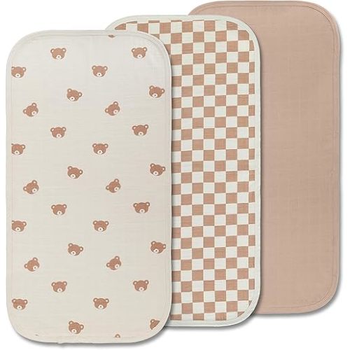 Miaoberry Organic Muslin Portable Changing Pad Liner – Waterproof Reusable Baby Diaper Changing Pad Cover for Travel, Teddy Bear & Checkerboard, 3 Pack