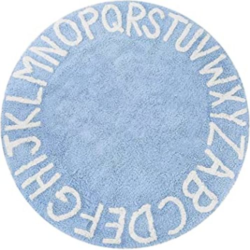 blue page ABC Rug for Kids Room Circle Nursery Rug for Baby Boy and Girl - Neutral Cotton Alphabet Rug Round Kids Rug Toddler Playroom Rug, Letter Reading Carpet, 40 Inch, Blue