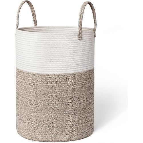 Large Woven Laundry Basket, 15”x18” Tall Blanket Basket Living Room, Cotton Rope Hamper for Bedroom Aesthetic, Baby Nursery, Wicker Hamper for Dirty Clothes, Kids Toy Laundry Storage Bin