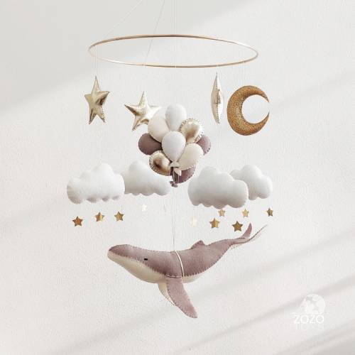 Whale Baby Mobile - Fish Mobile - Moon Baby Crib Mobile - Grey Whale Mobile for Nursery - Neutral Nursery Mobile - Baby Shower Gift