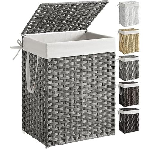 SONGMICS Laundry Hamper with Lid, 23.8 Gallon (90 L) Synthetic Rattan Clothes Laundry Basket with Lid and Handles, Foldable, Removable Liner, Dove Gray ULCB51WG