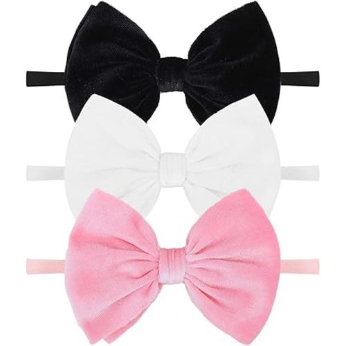 YanJie Newborn Velvet Nylon Soft Elastics Bows Hairbands and Hair Accessories for Infants, Toddlers, Child (Black White Pink)