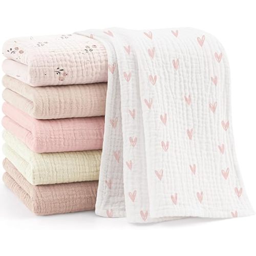 Bearmoss 6 Pack Large Muslin Burp Cloths, 100% Cotton Soft Baby Burping Cloths for Boy, Girl, 23.6" X 23.6" Absorbent Milk Spit Up Rags, Newborn Essentials (Pink Print)