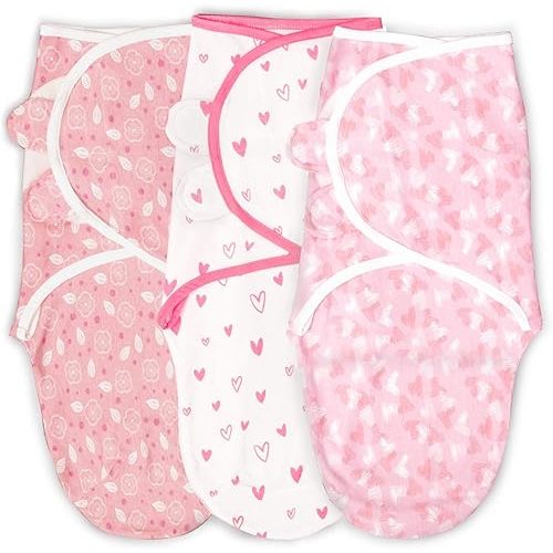 100% Organic Cotton Swaddle Blanket Baby Girl Infant Sleep Sack Wrap, Adjustable Infant Swaddle Wrap Newborn Babies Small 0-3 Months. (Hearts and Flowers 3 Pk)