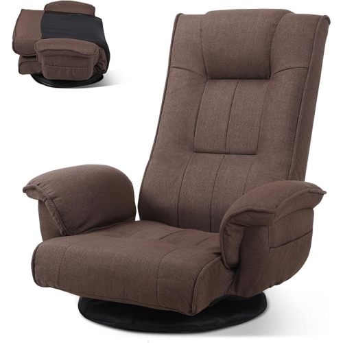 Linen Fabric Ergonomic Chair, 6-Position Reclining Sofa Bed with Lumbar Support, Foldable Floor Lounger with Thick Cushion, Armrests & Side Pockets for Esports, Reading, Napping (Brown)