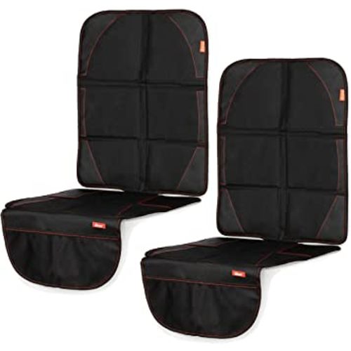 Diono Ultra Mat Pack of 2 Full Size Car Seat Protectors For Under Car Seat, Crash Tested With Premium Ultra Thick Padding For Durable, Water Resistant Protection, Includes 3 Mesh Storage Pockets Black