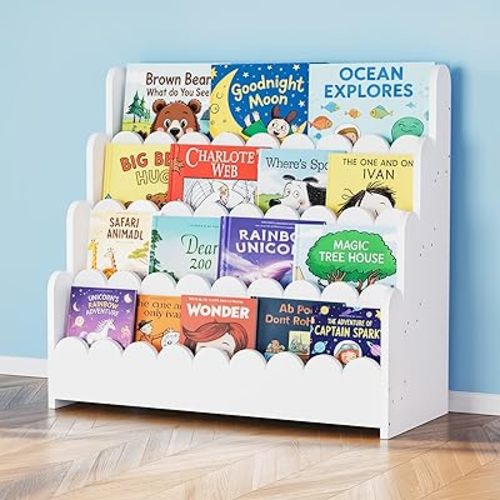 SpaceAid 4-Tier Scalloped Bookshelf, Montessori Bookcase for Toddlers, Wooden Book Shelf Organizer Display Furniture for Kids Rooms, Playroom, Nursery and Classroom, 29.6“ Wide, White